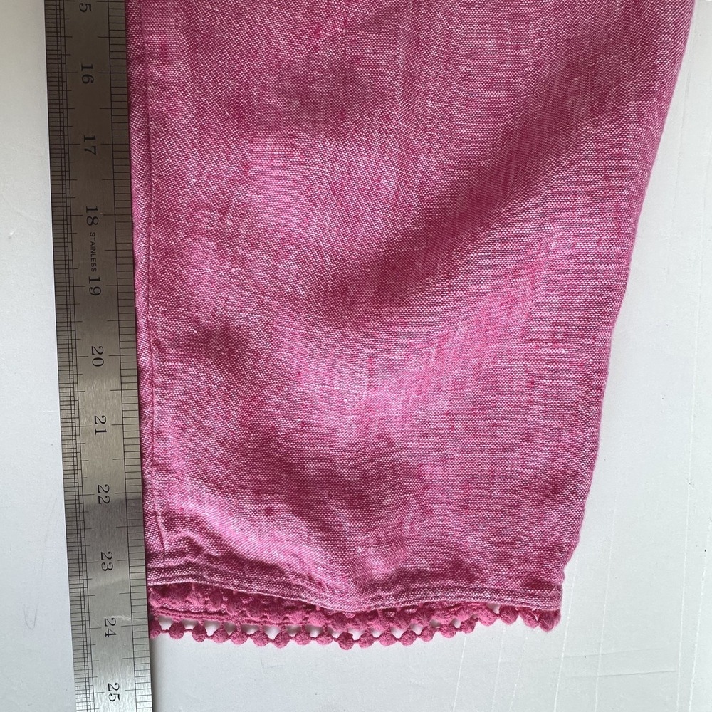 Talbots Coastal Resort Granny 100% Linen Pink Cropped Pants Sz. 12 Pom Pom Trim‎ - Picture 8 of 13